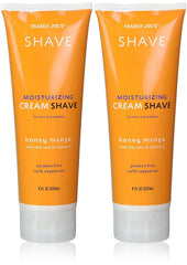 Sixyear Trader Joe's Honey Mango shave cream bottle with aloe vera and vitamin E for soothing shave