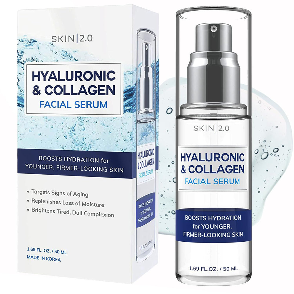Skin 2.0 Hyaluronic Serum bottle pour shows intense hydration for dewy skin.