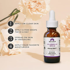 SKIN DEVA Hyaluronic Serum bottle highlights deep moisture for a dewy complexion.