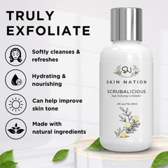 Skin Nation Scrubalicious Exfoliator beads on skin illustrate gentle polishing for smoother texture.
