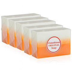 Skin Science Glutathione soap bar on a bathroom vanity for deep cleansing.