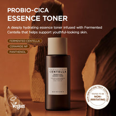 Close-up of SKIN1004 Probio-CICA Essence Toner label highlighting Centella and HA benefits