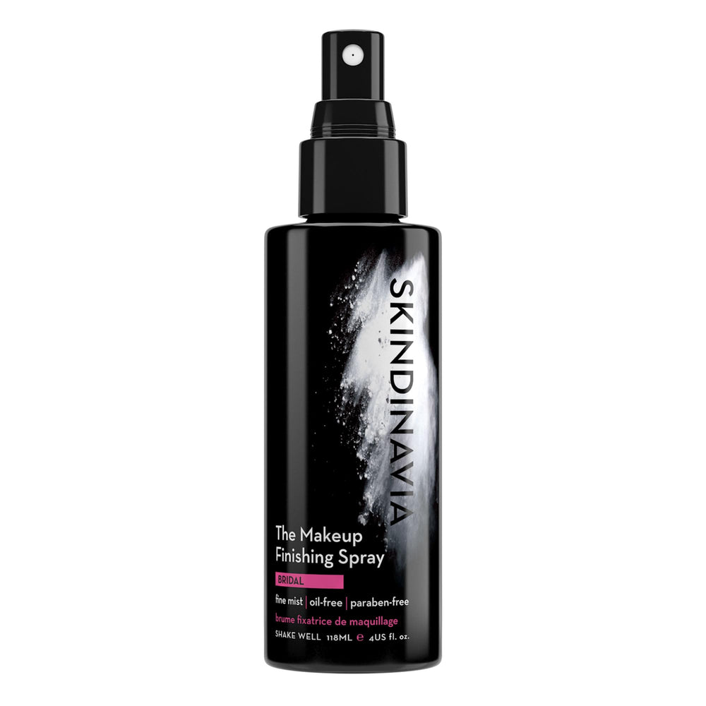 Skindinavia makeup finishing spray bottle closeup shows long lasting hold.