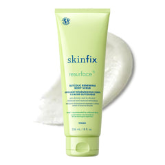 Skinfix Glycolic Renewing Scrub bottle closeup promotes smoothing and renewal