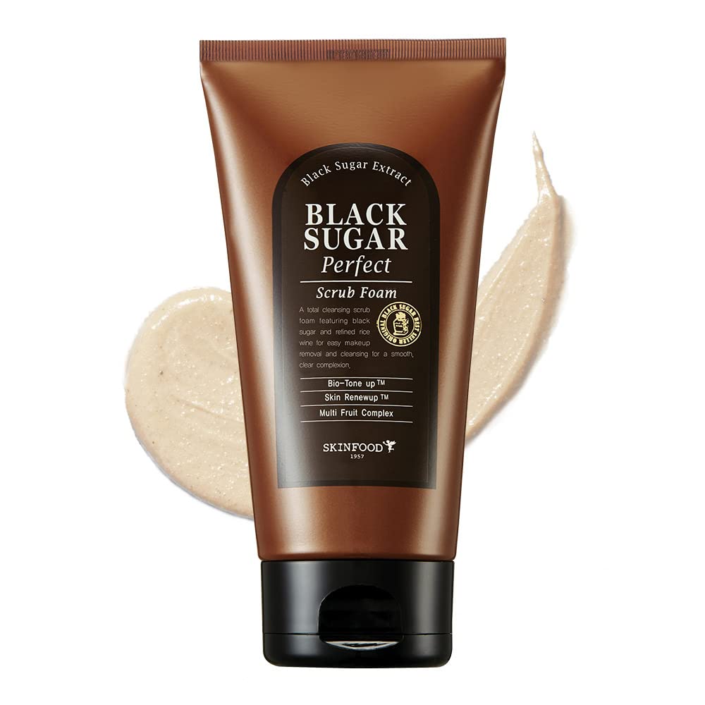 SKINFOOD 1957 Black Sugar Perfect Scrub Foam packaging, easy-to-recognize cleanser for daily skincare routines.