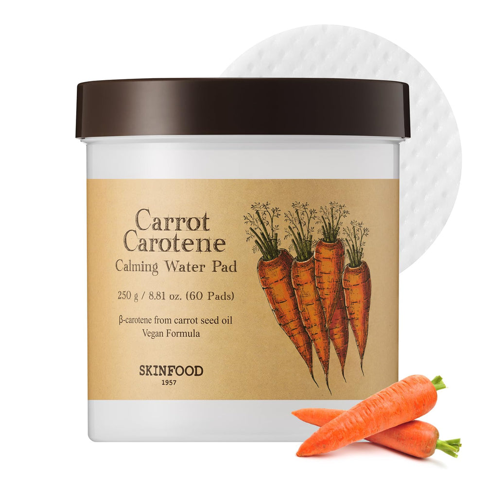 SKINFOOD 1957 carrot calming water pads packshot shows hydrating toner pads for sensitive skin