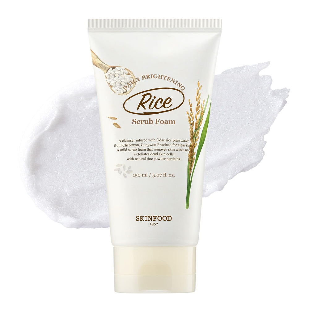 SKINFOOD 1957 Rice Daily Scrub Foam bottle on bathroom shelf for gentle exfoliation