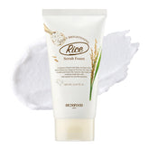 SKINFOOD 1957 Rice Daily Scrub Foam bottle on bathroom shelf for gentle exfoliation