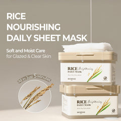 Close-up of SKINFOOD Rice Daily Mask sheet highlighting breathable cellulose material