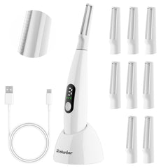 Skinharbor Sonic Dermaplane Razor in hand demonstrates portable facial exfoliation and peach fuzz removal.