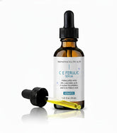 SkinovaCeuticals C E Ferulic bottle closeup emphasizes antioxidant protection for radiant skin