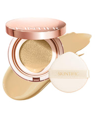 SKINTIFIC full-coverage cushion close-up shows glass-skin glow and even tone.