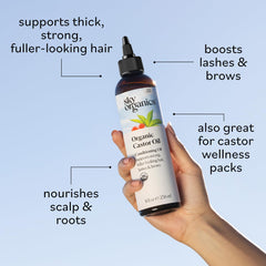 Sky Organics Castor Oil applied to lashes for fuller-looking lashes.