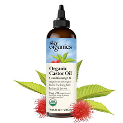 Sky Organics Castor Oil bottle offering deep scalp nourishment and hair conditioning.