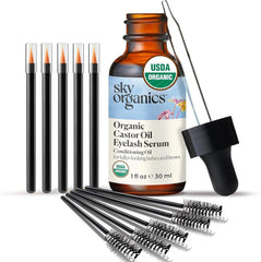 Sky Organics castor oil eyelash serum bottle shows a pure conditioning oil for fuller-looking lashes.