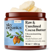 Sky Organics Cocoa Butter solid bar raw melts on skin for deep hydration.
