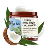 Sky Organics Coconut Oil jar close-up showing skin and hair moisturizing benefits