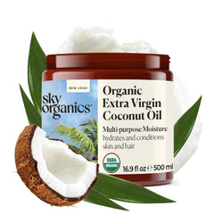 Sky Organics Coconut Oil jar close-up showing skin and hair moisturizing benefits