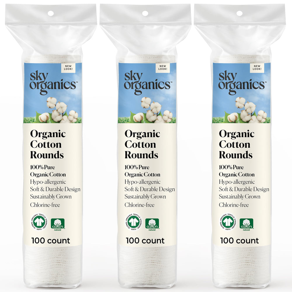 Sky Organics cotton rounds pack shot; gentle, 300-count rounds for sensitive skin care.