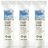 Sky Organics cotton rounds pack shot; gentle, 300-count rounds for sensitive skin care.