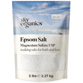 Sky Organics Epsom Salt bag closeup showing resealable 5 lb packaging for easy storage.