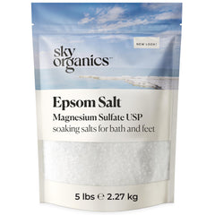 Sky Organics Epsom Salt bag closeup showing resealable 5 lb packaging for easy storage.