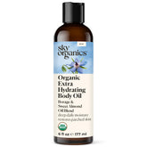 Sky Organics extra hydrating body oil bottle closeup for rich moisture