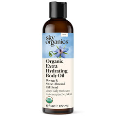 Sky Organics extra hydrating body oil bottle closeup for rich moisture