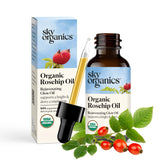 Sky Organics Rosehip Oil bottle close-up for radiant skin nourishment.