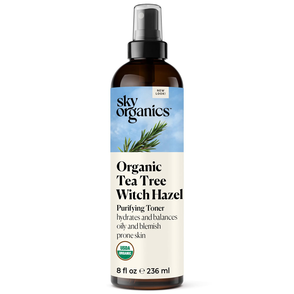 Sky Organics tea tree and witch hazel toner bottle ready for cleansing and balancing.