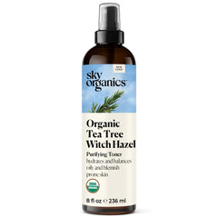 Sky Organics tea tree and witch hazel toner bottle ready for cleansing and balancing.