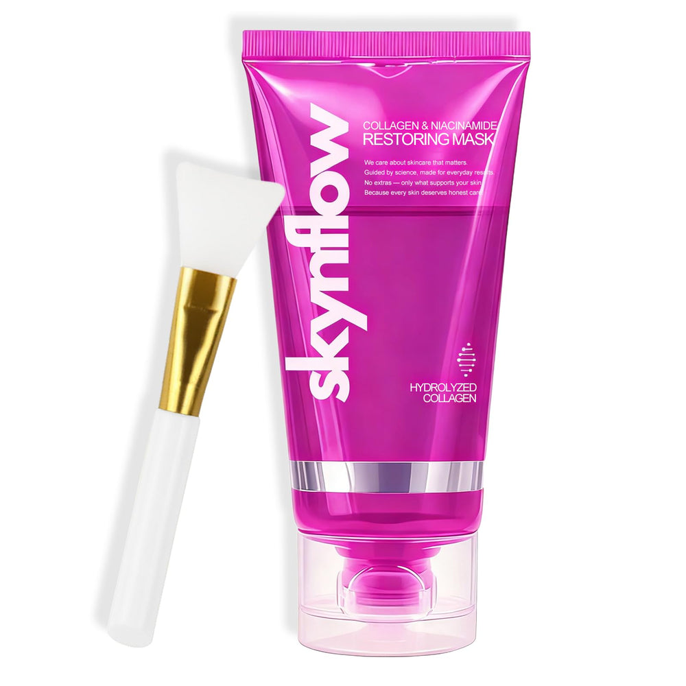 Skynflow Collagen Mask jar demonstrates the overnight wrap for hydrated, refreshed skin by morning.