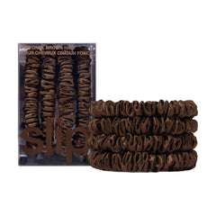 SLIP dark brown skinny scrunchies pack-4; silky comfort for gentle, secure ponytails.