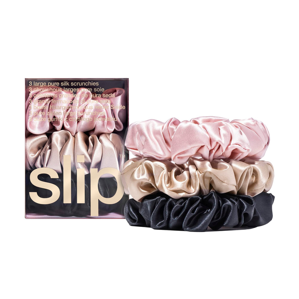 SLIP Large Scrunchie Multi pink close-up shows luxurious silk for gentle hair care.