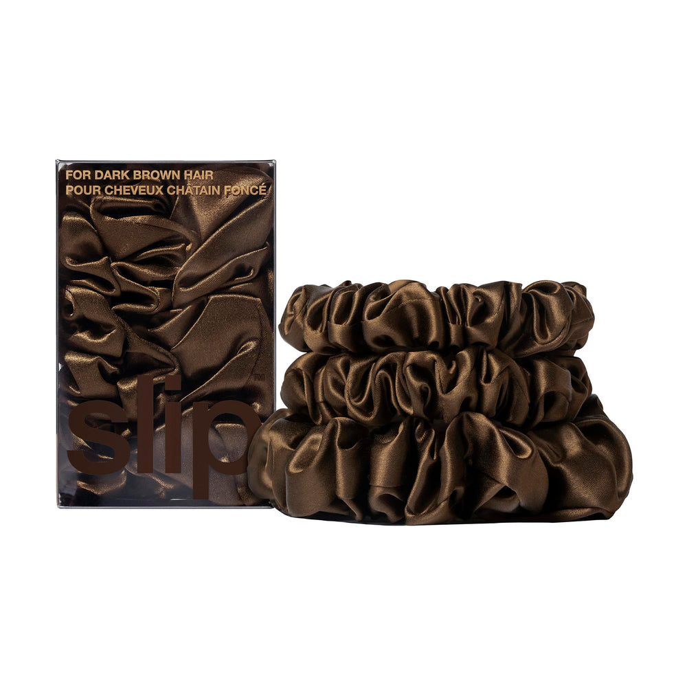 SLIP Back to Basics packaging features dark brown silk scrunchie set, ideal as a premium gift.