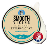 Smooth Viking hair clay for men packaging, compact 2oz tin for on-the-go styling