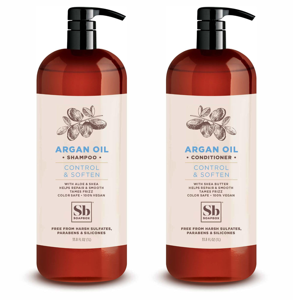 Soapbox Argan Shampoo bottle showcases frizz control and soft hair feel.