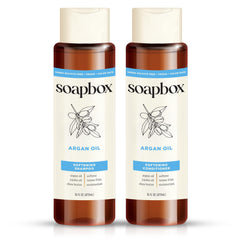 Soapbox Argan Shampoo bottle showcases frizz control and gentle cleansing for daily styling.