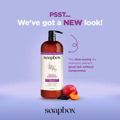 Soapbox Biotin & Superfruit Conditioner bottle emphasizes smooth, soft-to-the-touch hair.