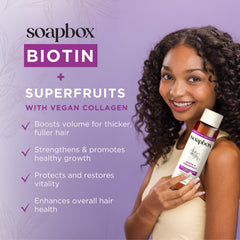 Soapbox Biotin & Superfruit Conditioner label close-up emphasizing silicone-free and sulfate-free care