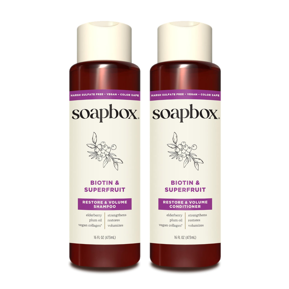 Soapbox Biotin & Superfruit Shampoo bottle with vegan formula for thicker-looking hair