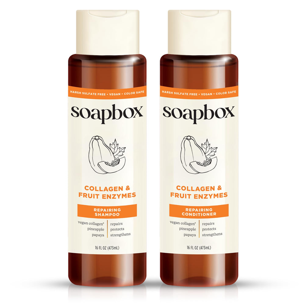 Soapbox collagen shampoo bottle front showing strengthening formula for dry and fine hair