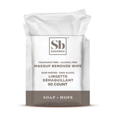 Soapbox fragrance-free makeup remover wipes packaging front showing gentle alcohol-free cleansing