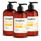 Soapbox Lemon Tea Leaves bottle pump showcasing moisturizing hand wash with bright citrus aroma