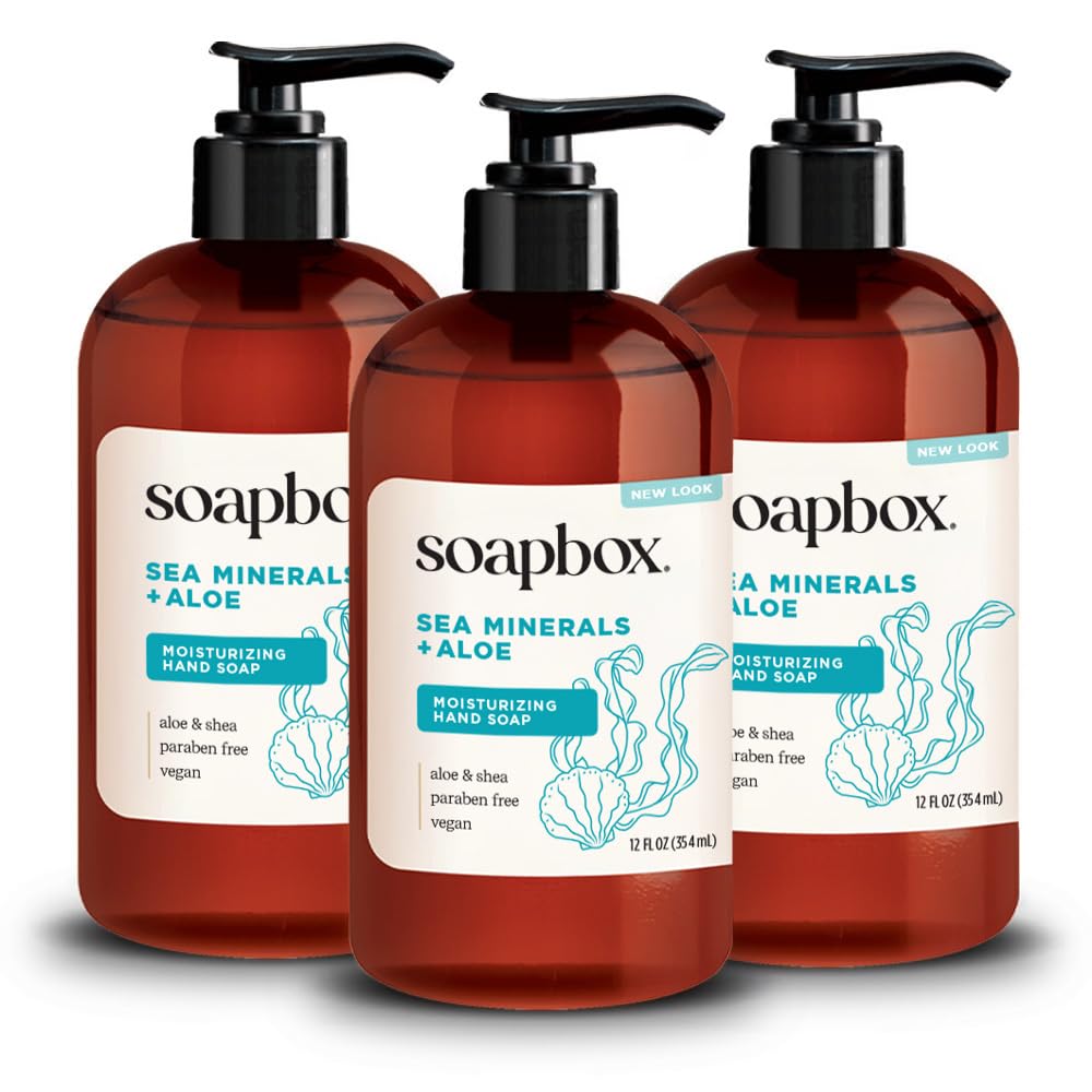 Soapbox liquid hand soap sea minerals iris bottle offers refreshing ocean scent for daily hand care.