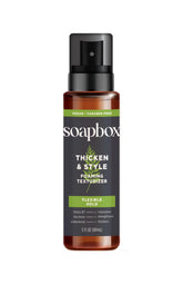 Soapbox Men's Thicken & Style foam bottle demonstrates fuller-looking hair