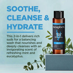 Soapbox Tea Tree Eucalyptus shampoo bottle highlights cooling scent and scalp-friendly cleansing.