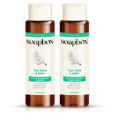 Soapbox Tea Tree Shampoo bottle pour refreshing scalp care.