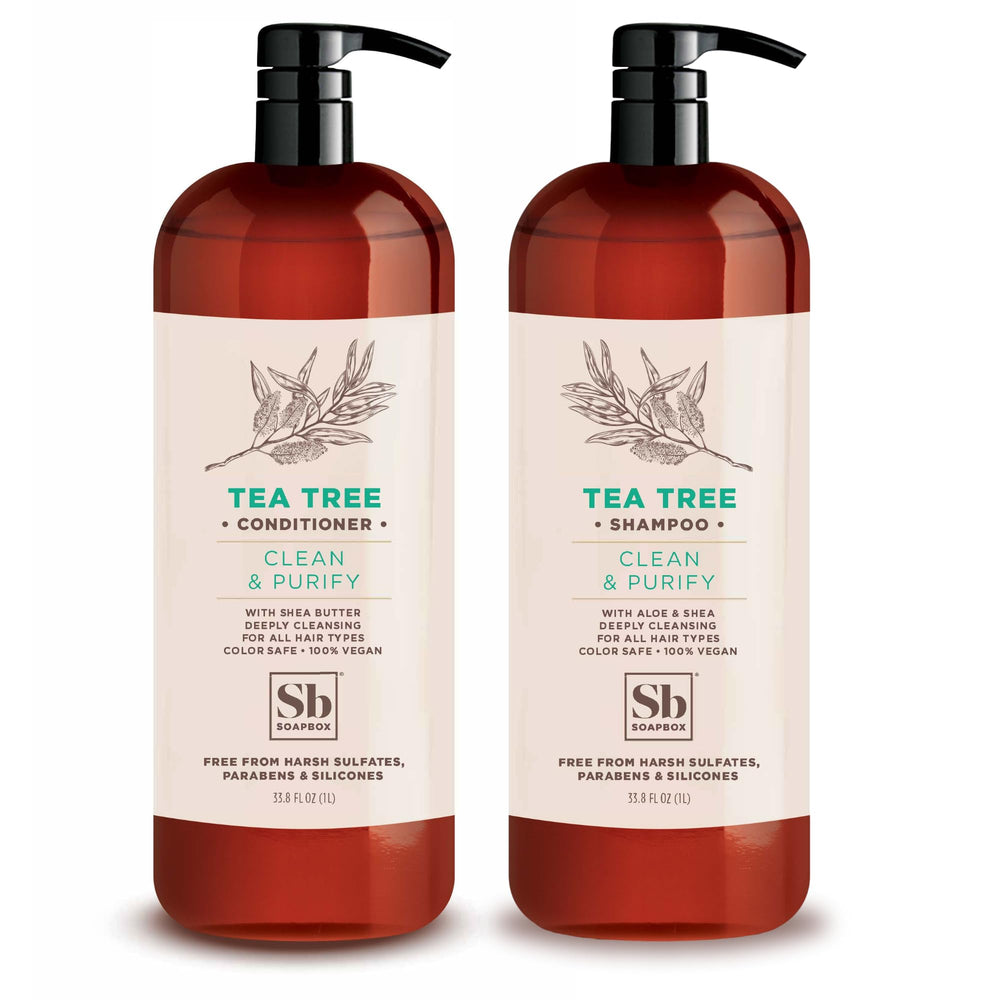 Soapbox Tea Tree Shampoo bottle showcases cleansing formula for refreshed hair