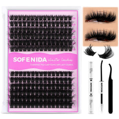 SOFENIDA lash clusters kit with 100D+150D D-curvature for dramatic volume.